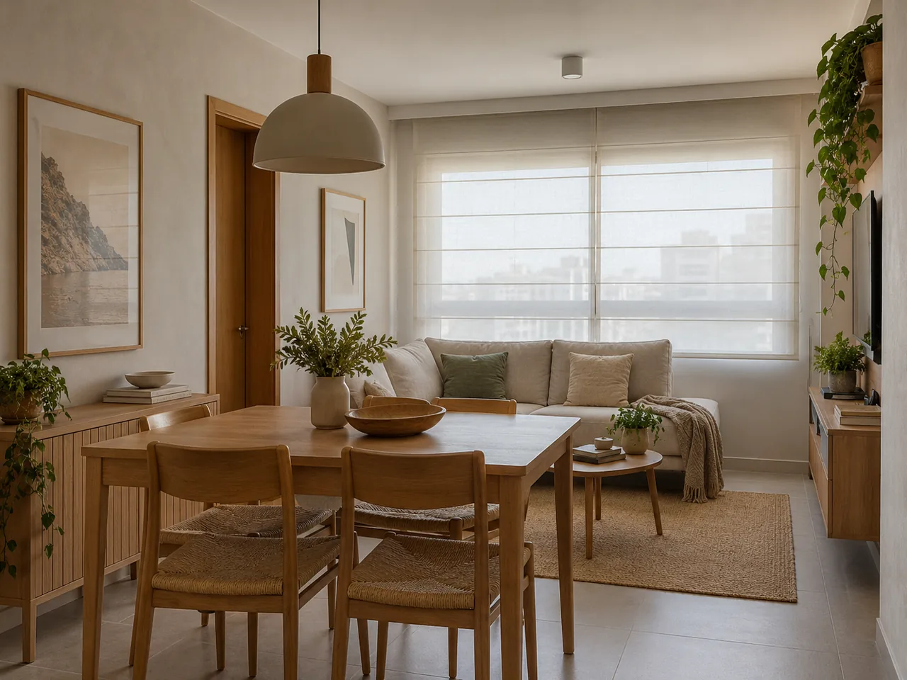 Sala de estar e jantar integrada, com janela ampla e mobiliário em tons naturais.
