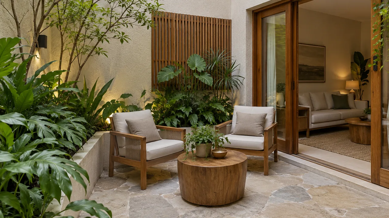 Pátio de uma casa com vegetação, área de estar externa e abertura para o interior.